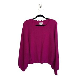 June & Ivy Scallop Hem Sweater Solid Magenta Pink Knit Large Women’s